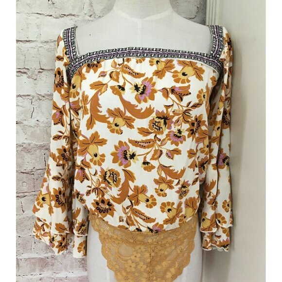 Intimately Free People Ivory Floral Boho Bodysuit Square Neck Tiered Sleeve - XS - Picture 1 of 3